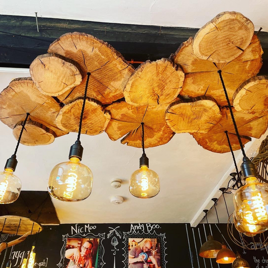 Oak log slice chandelier