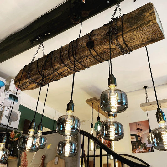 Chunky Rustic Oak Beam Chandelier with Wrapped Cables - MooBoo Home