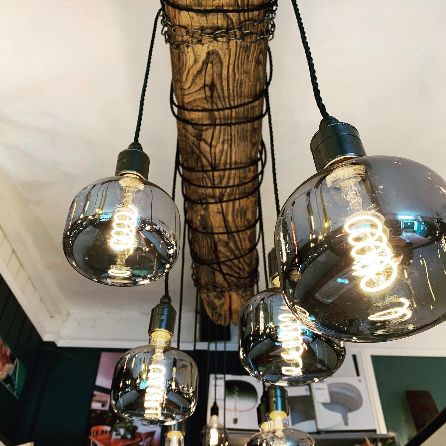 Chunky Rustic Oak Beam Chandelier with Wrapped Cables - MooBoo Home