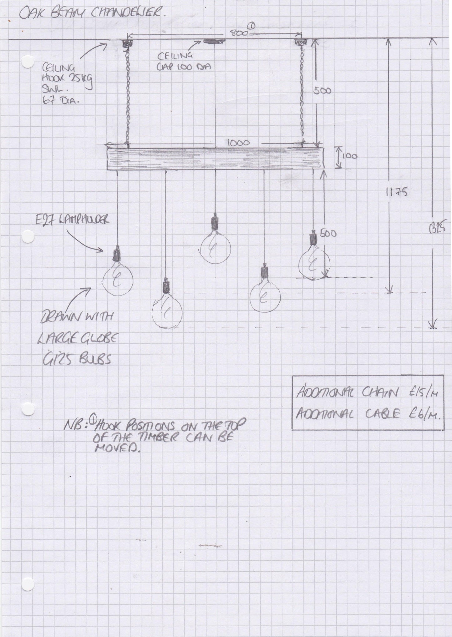 Crafted Oak Beam Chandelier 1m 5 lamp holders - MooBoo Home