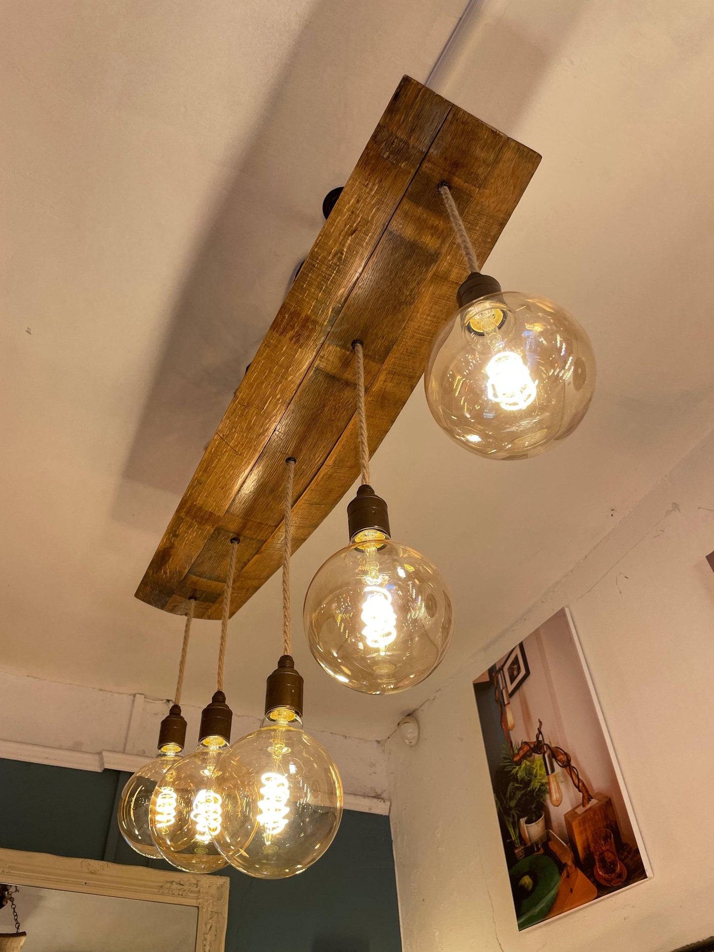 Curvey Oak Stave Chandelier Jute and Old English Brass - MooBoo Home