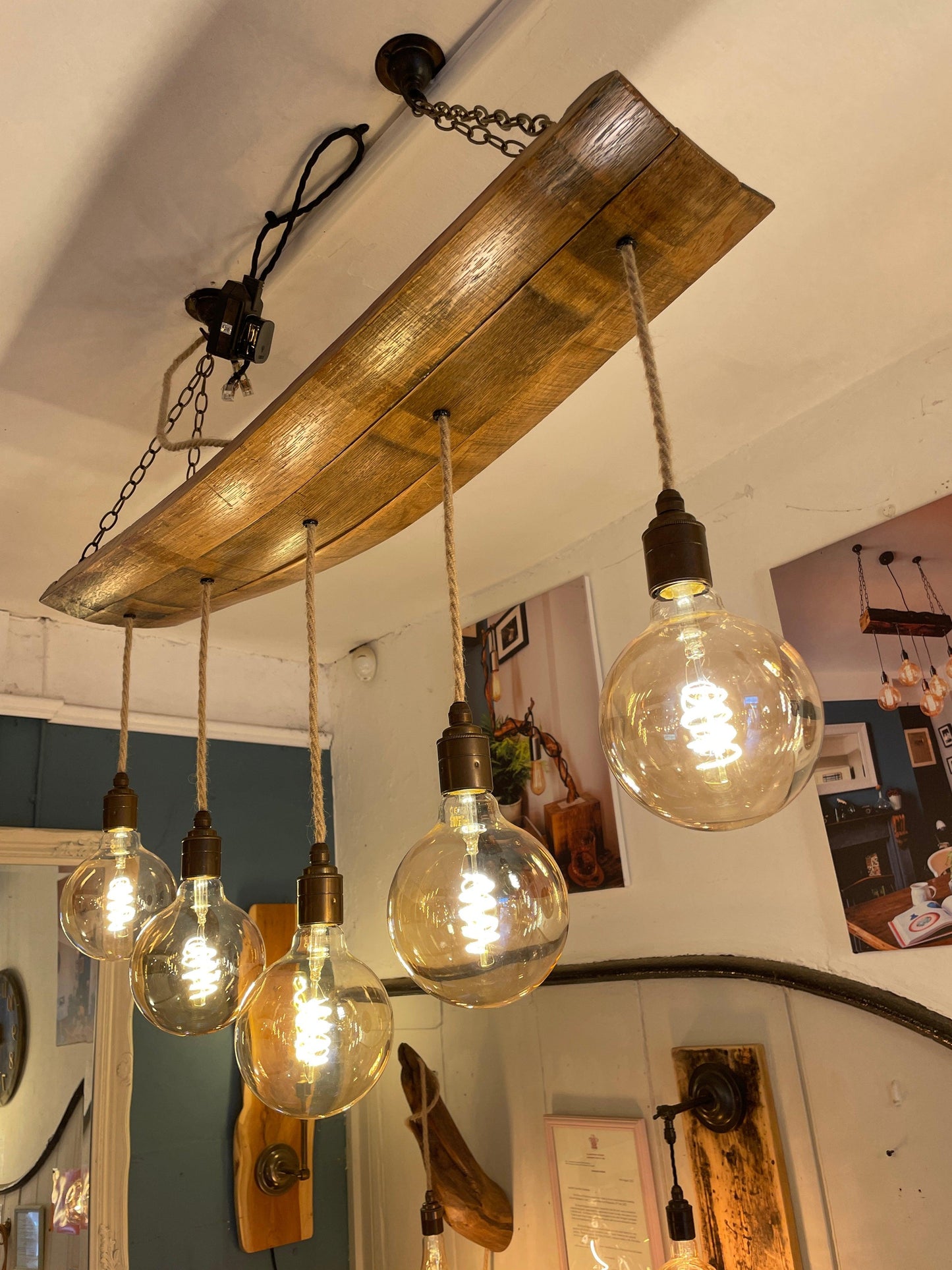 Curvey Oak Stave Chandelier Jute and Old English Brass - MooBoo Home