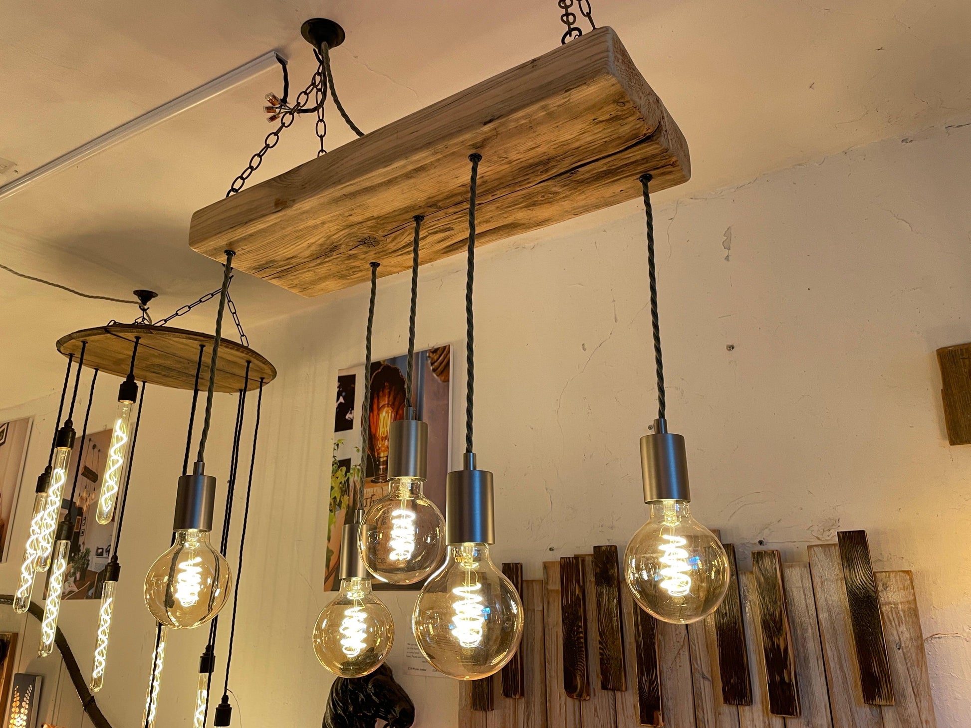 Wooden Beam Pendant with Amber Globe Bulbs - MooBoo Home